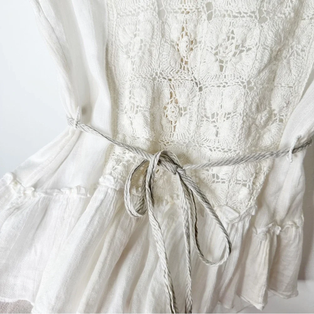 Free People White Sheer Crochet Knit Gauze Button Down Rope Tie Size Large - Picture 6 of 7